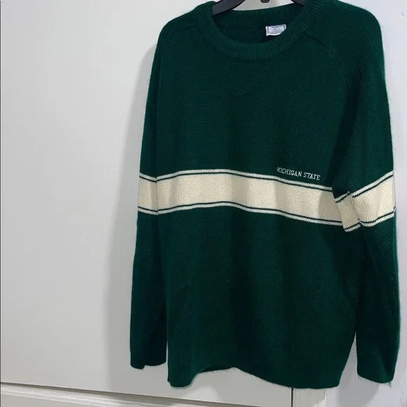 Vintage 70s The Big R Michigan State Embroidered Green & White Striped Sweater - Picture 1 of 6